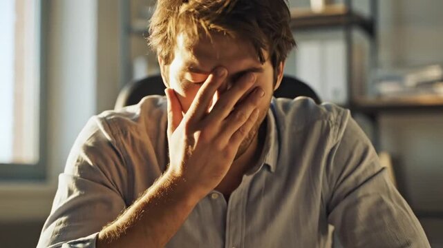 Exhausted young adult professional man sitting at office desk during a long workday