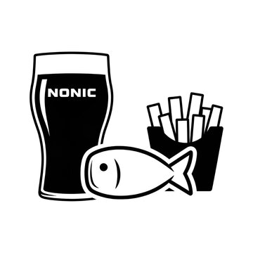 Black and white illustration showing a Nonic beer glass,  fish, and box of french fries.