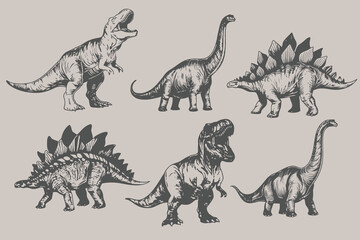 Dinosaur set hand drawn sketch illustration. Vintage Linocut dinosaur set, dino fossil print collection, skeleton vector silhouette, prehistoric monster. Eps 10  © SAGOR