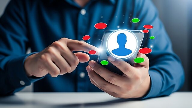 Man holding smartphone with glowing key icon and colorful virus particles floating around - Powered by Adobe