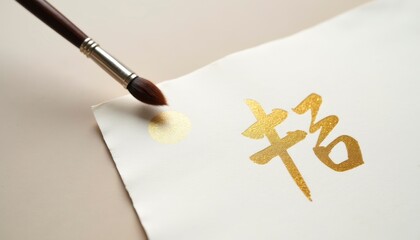 Elegant Chinese Calligraphy in Gold Ink with Brush on Rice Paper