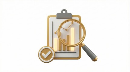 3D magnifying glass analyzing bar chart on clipboard,data visualization and business analysis concept with checkmark icon
