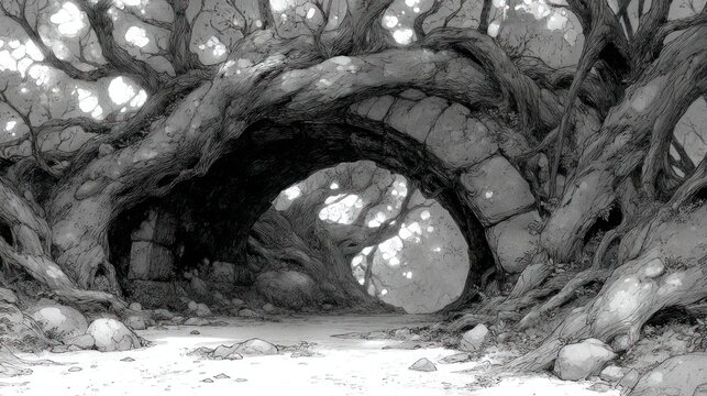 Black and white artwork of a stone archway formed by intertwined trees