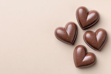 Heart-shaped chocolates on a delicate copy-space background, a clean romantic composition, suitable for advertising and Valentine's Day