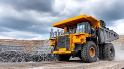 Large yellow dump truck drives through open-pit mine while transporting coal and raising dust in the air during clear weather conditions