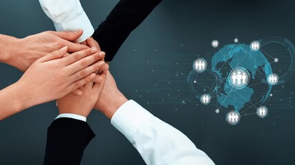Emphasize the importance of collaboration and teamwork in a modern business environment with diverse hands coming together over a digital network and globe image. Raster - Powered by Adobe