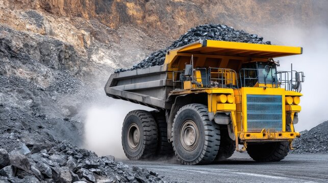 Large dump truck drives through open-pit mine carrying coal while kicking up dust in high-dynamic-range scene during day