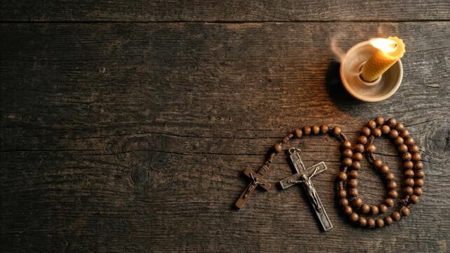Rosary beads and a lit candle on a wooden table, religious Catholic prayer and spiritual devotion footage