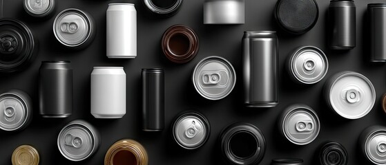 Close-up view of assorted beer cans arranged flat on a surface in black and white tones showcasing different shapes and sizes