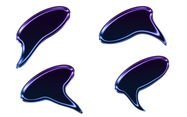 Speech Bubbles. Chat Icon. Communication. An isolated set of four glossy black speech bubbles with a purple glowing border as a PNG clip art on a transparent background for UI design.