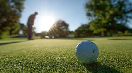 Golf Ball on Green with Golfer in Background.
