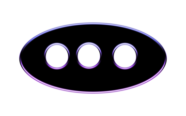 Camera Lens. Tech Icon. Minimalist. An isolated PNG clip art of a black metallic oval with a triple camera sensor design and purple glow on a transparent background for technology UI.