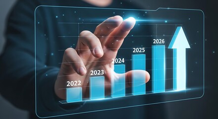 A person hand interacting data analytics technology with a futuristic bar graph on a transparent screen