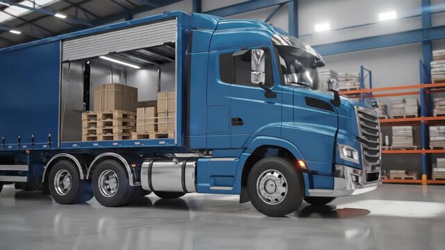 Lorry Trailer Unloading Boxes in Warehouse - A blue lorry trailer with its back partially open is shown in a warehouse. Inside the trailer, boxes are stacked on pallets.