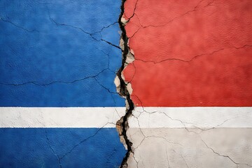 Cracked texture revealing blue and red colors highlights the contrast between two distinct layers expressing division and resilience in a visually striking manner