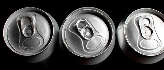 Close-up view of blank black beer cans showing tops in high contrast black-and-white style with fine details captured in stock photo format