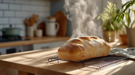 Freshly baked artisan bread loaf cooling on metal rack in sunlit home kitchen interior. Concept of homemade baking, comfort food and warm domestic lifestyle
