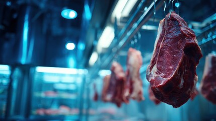 Raw Meat Hanging in a Cold Storage Room.