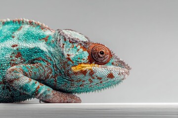 Close up of a colorful chameleon against a neutral background