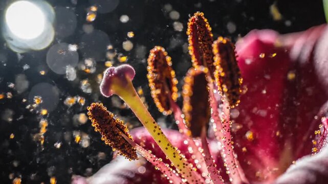 Macro shot of a vibrant red lilys pistil and stamens with pollen falling, illuminated by a bright light in the background, creating a bokeh effect.