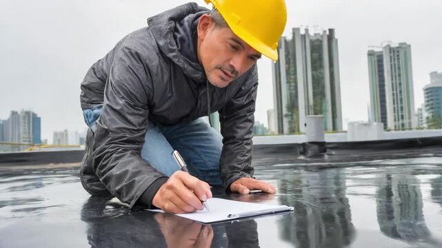 Medium shot of a professional inspecting a flat roofs waterproof membrane assessing durability against weather damage in an urban setting