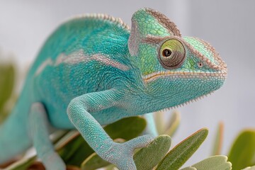 Obraz premium Close up of a colorful chameleon on a branch against a blurred background