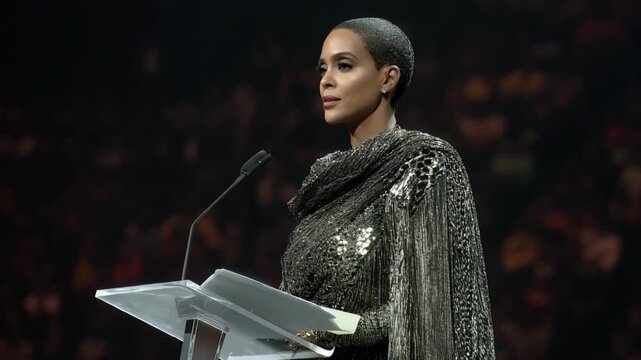 Medium shot of an interpreter skillfully translating acceptance speeches during a glamorous awards show on live TV.