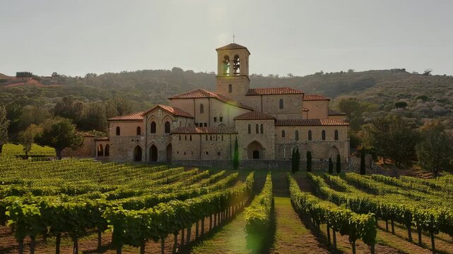 Tracking camera moving forward in vineyard toward stone chapel to show bell tower, lens flare