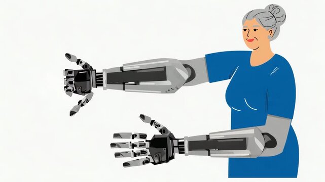 Happy Old Woman Showing Bionic Prosthesis Hand Cartoon Flat Design Technology Illustration Video Animation