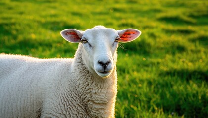 White Sheep on Green Pasture with Blurred Nature Background
