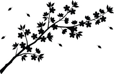 Silhouette of flowering tree branch with blossoms and falling leaves for botanical, seasonal, decorative, nature, and vector design content