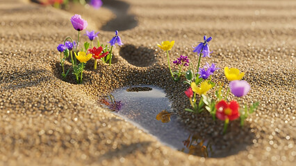 Delicate wildflowers and a water-filled footprint in soft beach sand evoke themes of natural beauty and environmental harmony.