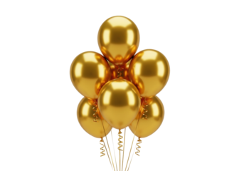 A medium close-up of a vibrant cluster of seven highly polished golden helium balloons with slender ribbons, isolated on a transparent studio background. Festive celebration concept