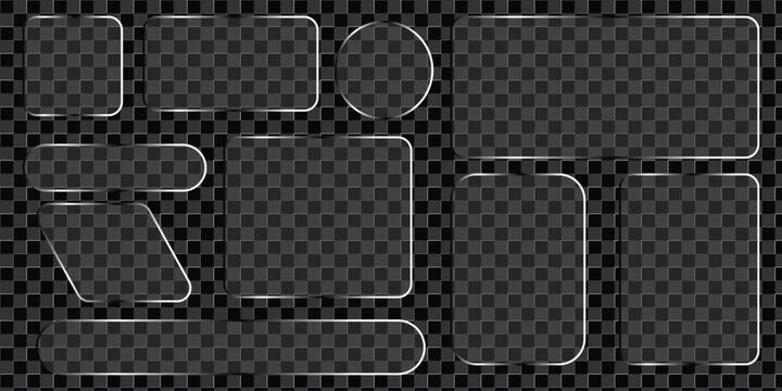 Modern Liquid glass morphism UI element set with frosted glass effect on dark grid. Transparent vector buttons, cards and panels for futuristic mobile app or web interface. glass banner, glass button.