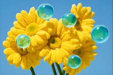 Yellow flowers with soap bubbles