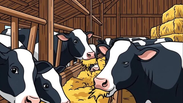 Cows Feeding in Barn Cartoon Style Illustration