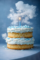 Birthday cake with lit candle and smoke