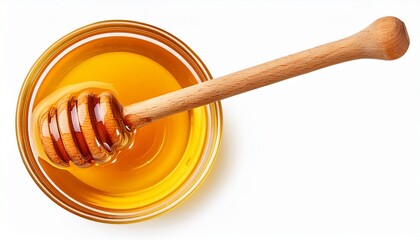 glass bowl of pure honey with honey dipper isolated on a white background cut out in format for graphic design isolated on a white background top view