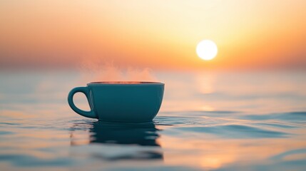 Coffee cup floating on calm water at sunrise with warm light. AI-generated.