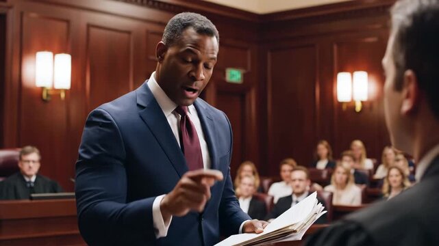 Lawyer Presenting Evidence in Courtroom - An African American lawyer stands and presents evidence in a courtroom, pointing to a document while addressing the court.