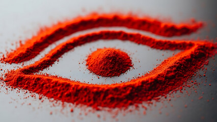 Vibrant red powder meticulously arranged to form an abstract eye symbol on a dark background