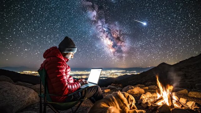 Remote Work Under the Stars - A person sits in a folding chair, using a laptop while camping under a breathtaking view of the milky way.