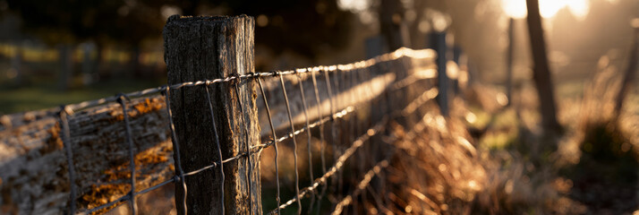 A close-up shows a rustic fence made of wooden posts and wire mesh. The sun casts warm light on the fence, highlighting its texture in a countryside setting during early morning, banner