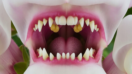 Surreal close-up of a bizarre flower resembling an open mouth with sharp teeth and pink gums.