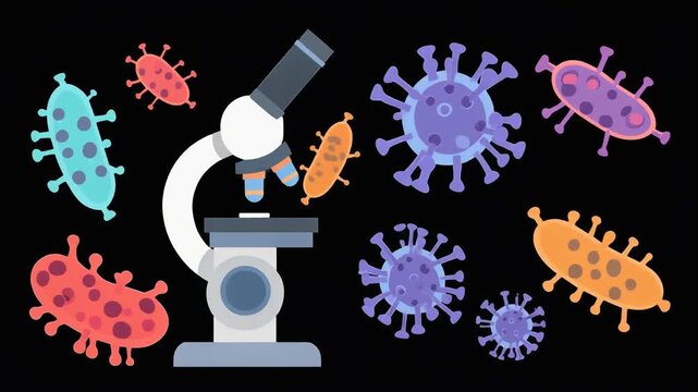 Microscope animation with floating colorful virus and bacteria.