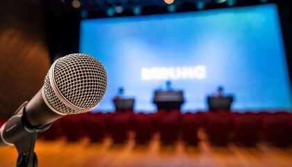 a microphone is positioned in front of a large screen ready for a presentation or event