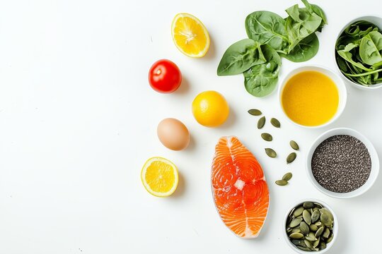 On a completely white background: saimon, egg yolk, spinach, broccoli, tomatoes, Brussels sprouts, pumpkin seeds, walnuts. Healthy eating concept