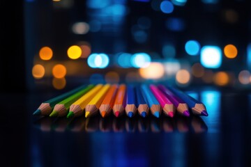 Colorful wooden pencils aligned on reflective surface with bokeh lights. AI-generated.