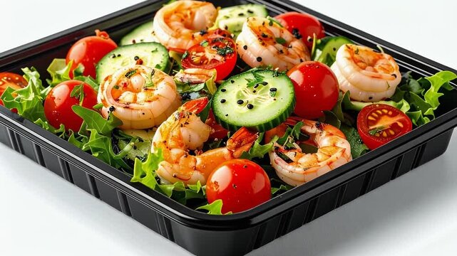 Colorful shrimp salad in black takeout container.