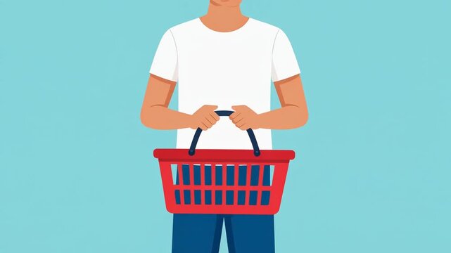 Animated shopper holding red basket on blue background.